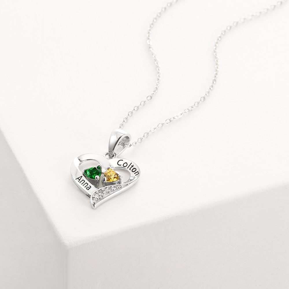 Personalised Heart Necklace With Names Custom 2 Birthstones Gifts For Women-Jessemade AU