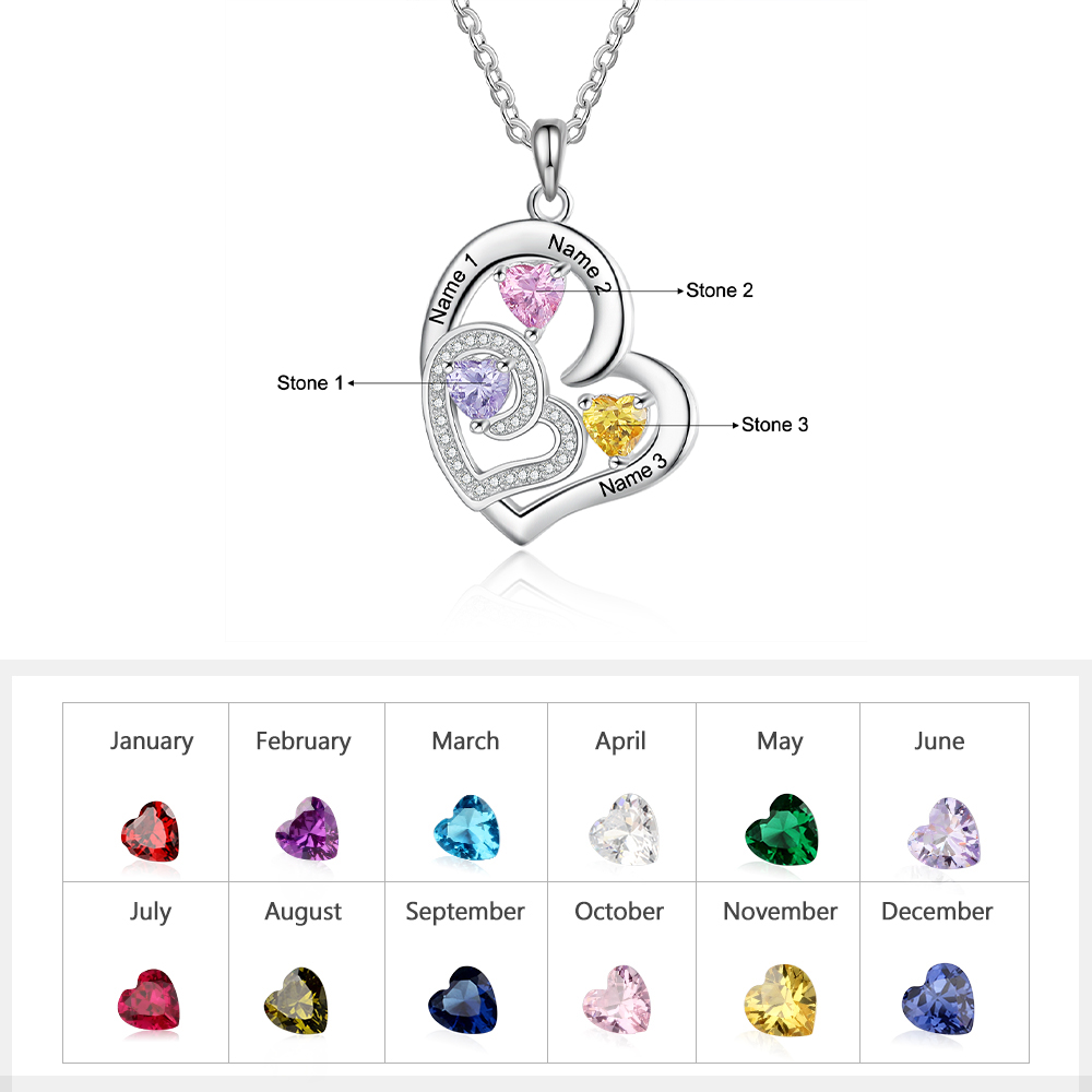 Personalised Heart Necklace With 3 Birthstones Engraved Names Gift For Her-Jessemade AU
