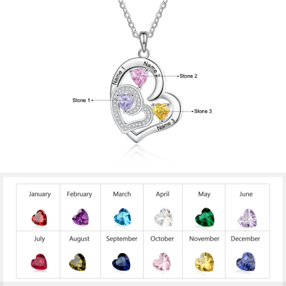 Personalised Heart Necklace With 3 Birthstones Engraved Names Gift For Her-Jessemade AU