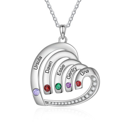 Personalised Heart Pendant Necklace Custom 5 Birthstones & 5 Names Necklace Gifts for Her-Jessemade AU