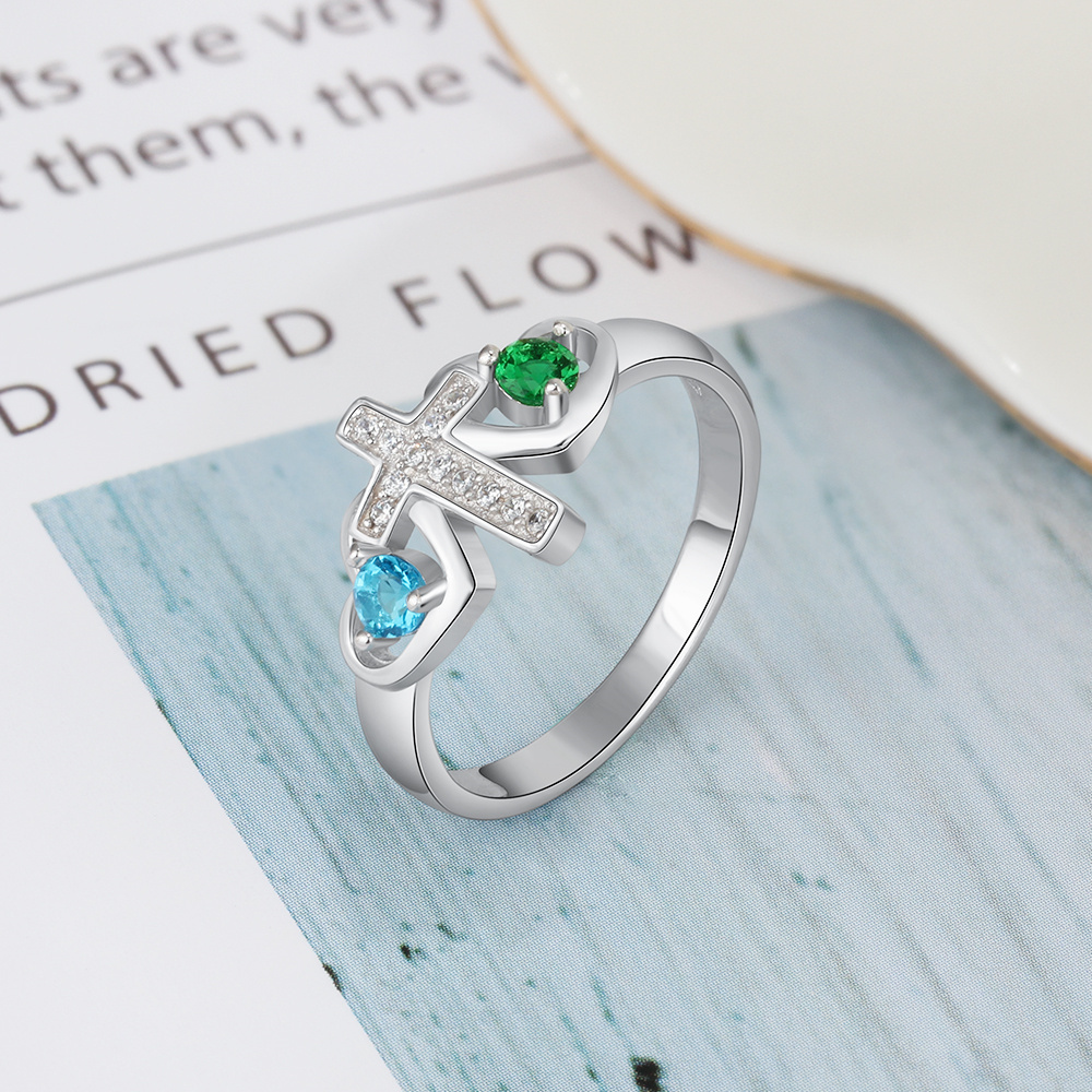 S925 Silver Ring Personalised 2 Birthstones Cross Ring With Names Gifts For Her-Jessemade AU