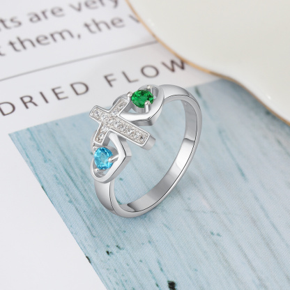 S925 Silver Ring Personalised 2 Birthstones Cross Ring With Names Gifts For Her-Jessemade AU