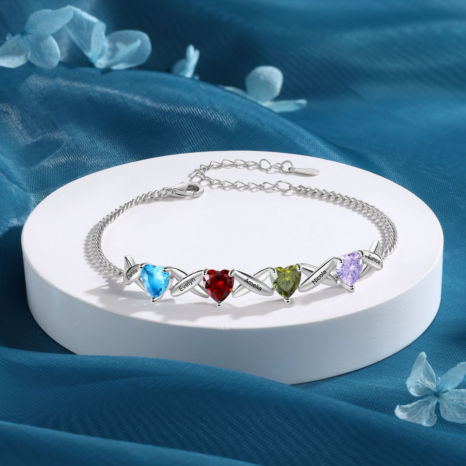 Custom 4 Birthstones Bracelet Engraved 5 Names Bracelet Personalised Birthday Gift for Her-Jessemade AU