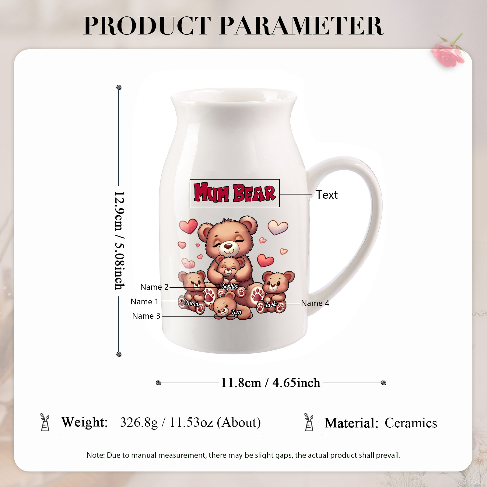 Personalised Ceramic Flower Vase Custom 2–8 Names & 1 Text Bear Family Vase Gift for Mother/Grandma-Jessemade AU