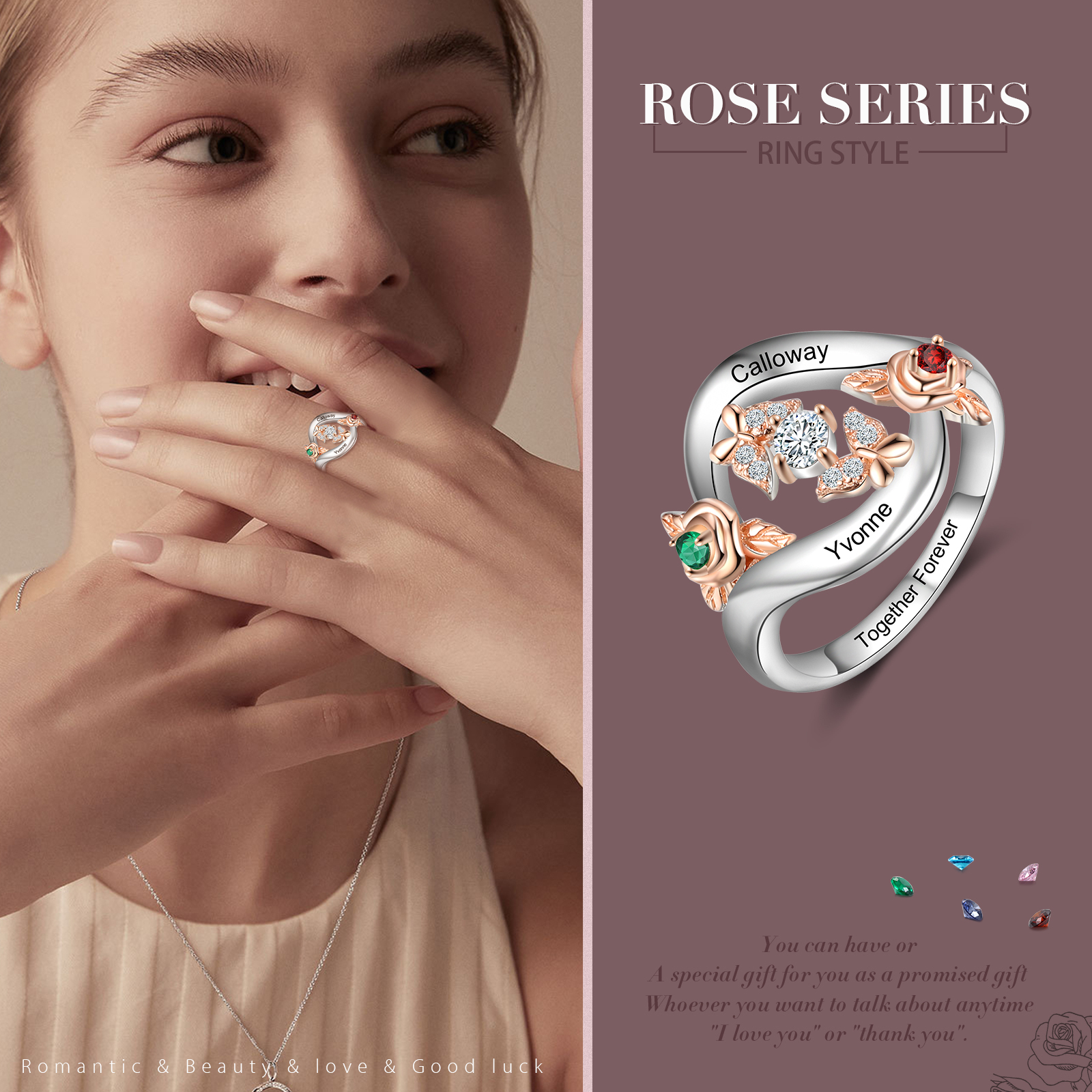 Personalised Rose Ring With 2 Birthstones Engraved Names Ring Gift For Women-Jessemade AU