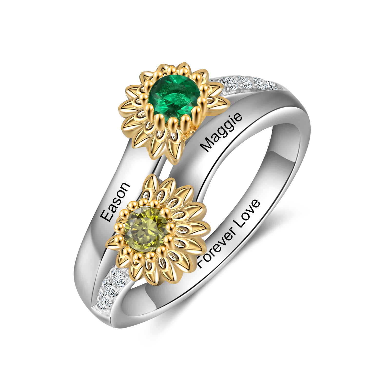 Personalised Sunflower Ring With 2 Birthstones Engraved Names Ring Gift For Women-Jessemade AU