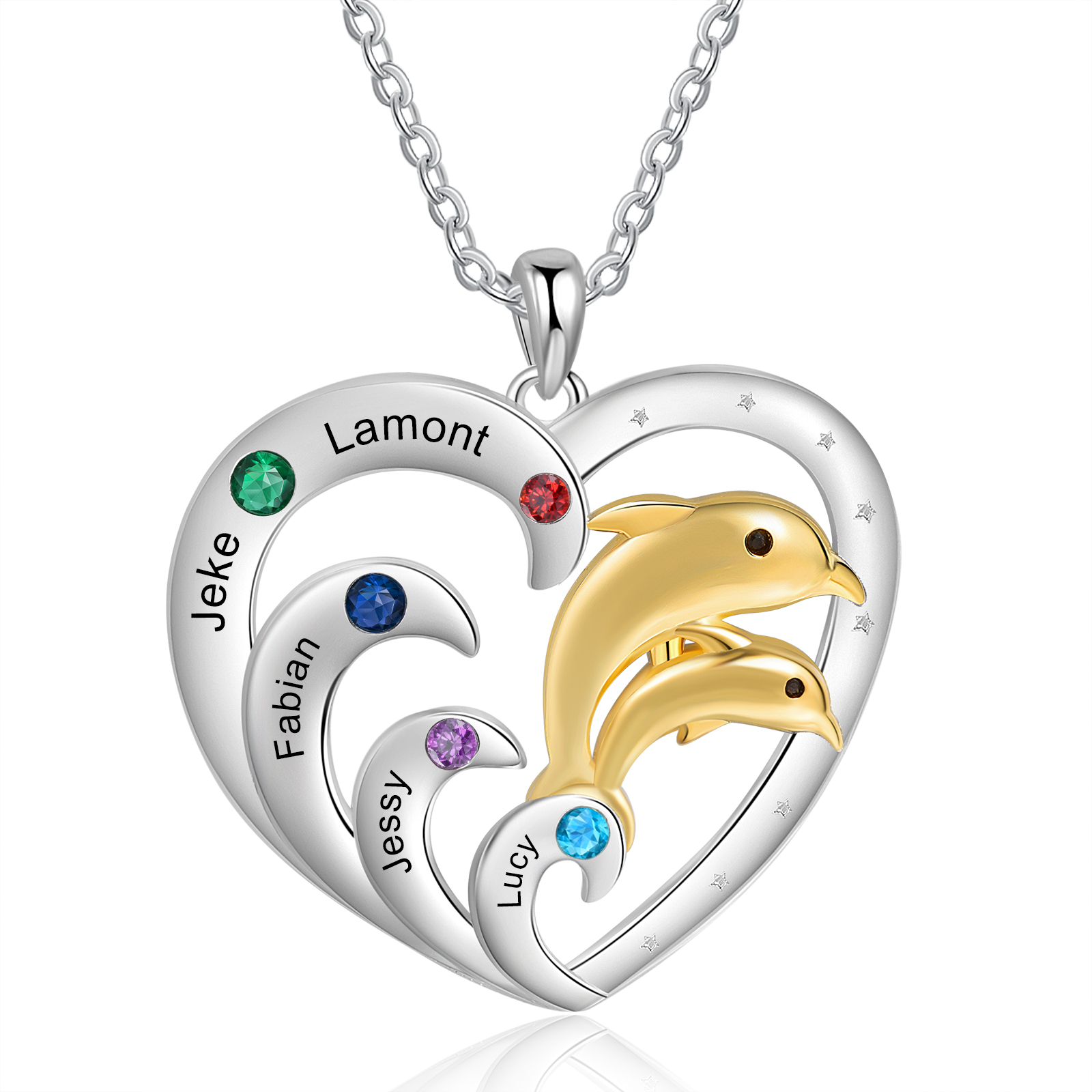 Personalised Heart Dolphin Pendant Necklace Custom 5 Birthstones Engraved 5 Names Necklace Gift for Her-Jessemade AU