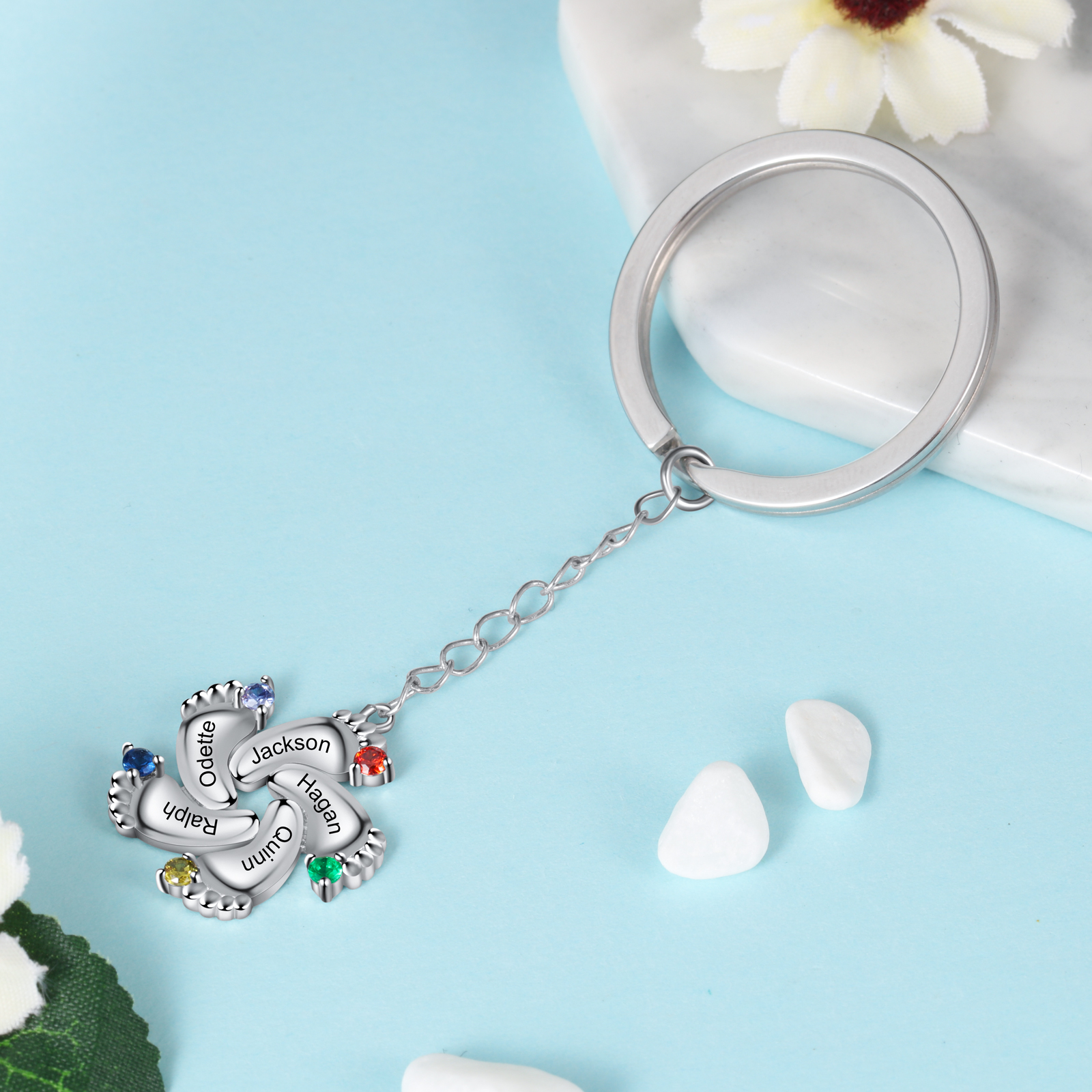 Personalised Baby Feet Keychain With 5 Birthstones Engraved names Keychain Gifts For Mother-Jessemade AU