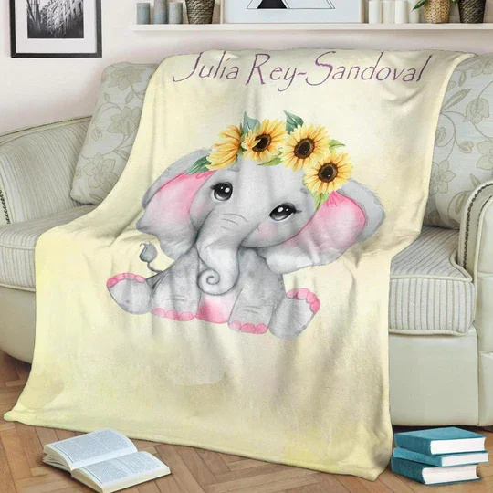 Personalised Sunflower Elephant Blanket Custom Name Gifts For Baby Girl-Jessemade AU