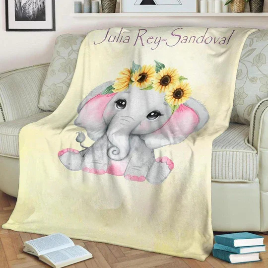 Personalised Sunflower Elephant Blanket Custom Name Gifts For Baby Girl-Jessemade AU