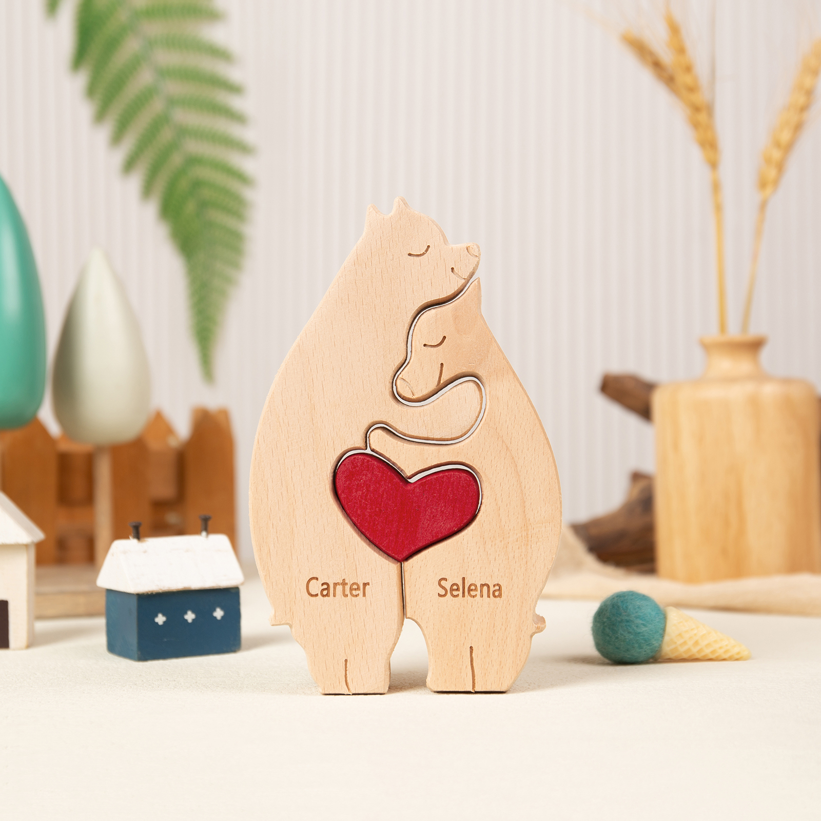 Personalised Wooden Animal Puzzle Custom 2 Names Puzzle Bear Hedgehog Elephant Hug Ornament Gifts for Family Couple-Jessemade AU