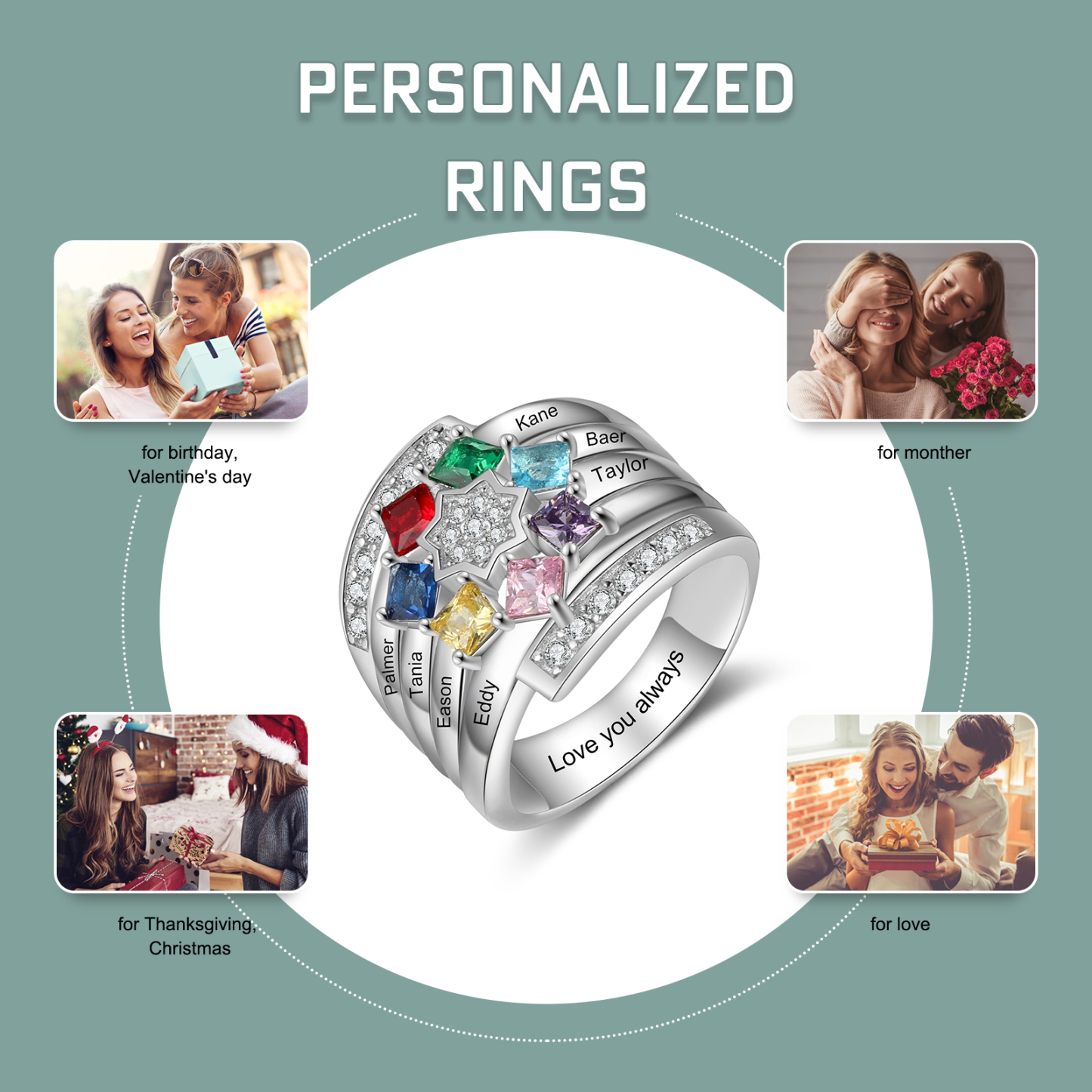 Personalised Mothers Ring With 7 Birthstones Engraved Names Ring Gift For Women-Jessemade AU
