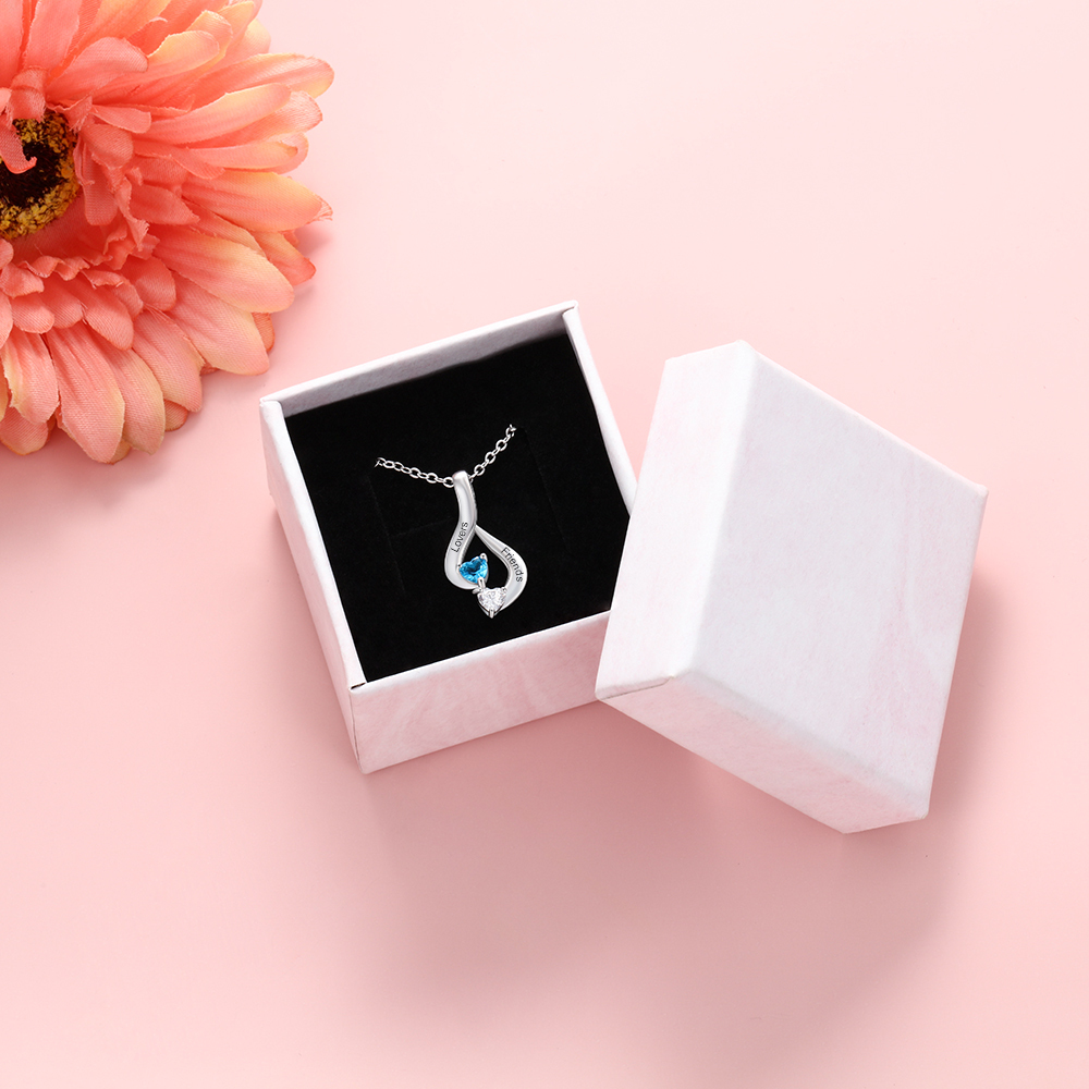 Personalised Necklace With 2 Heart Birthstones Engraved Names Gift For Her-Jessemade AU