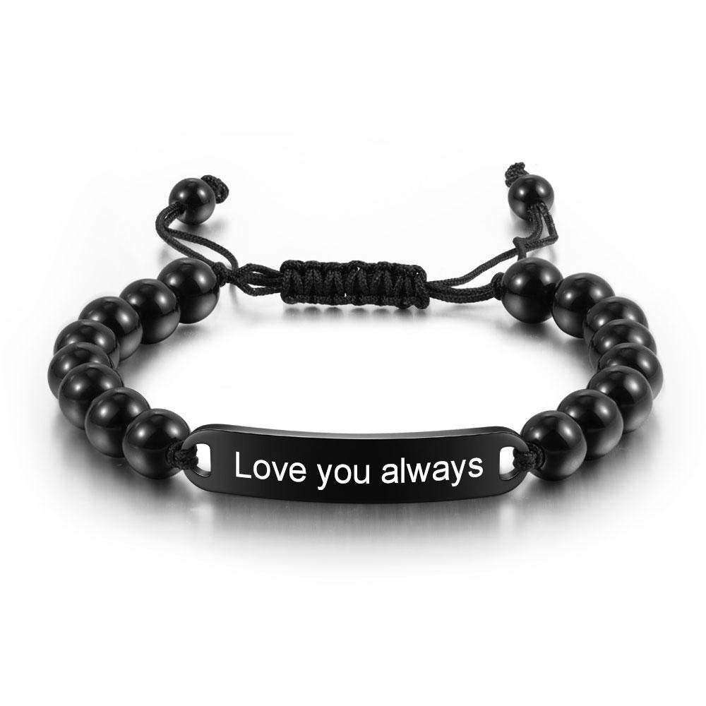 Men Black Beads Bracelet with Engraved Bar Custom Bracelets Personalised Gifts for Him-Jessemade AU
