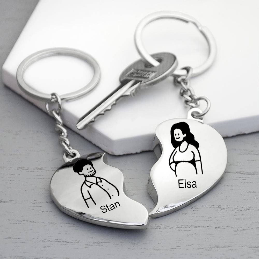 Personalised Couple Heart Keychain Set Custom 2 Names Matching Couple Keyring Valentine's Day Gifts For Couples-Jessemade AU