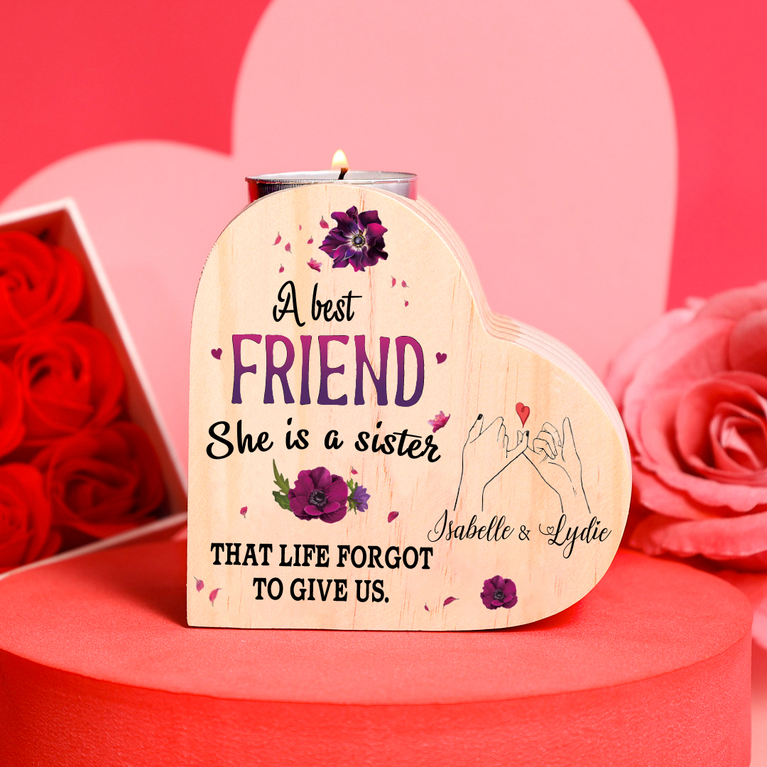 To My Best Friend Violet Flower Heart Candle Holder "She's a sister that life has forgotten to give" Wooden Candlestick-Jessemade AU