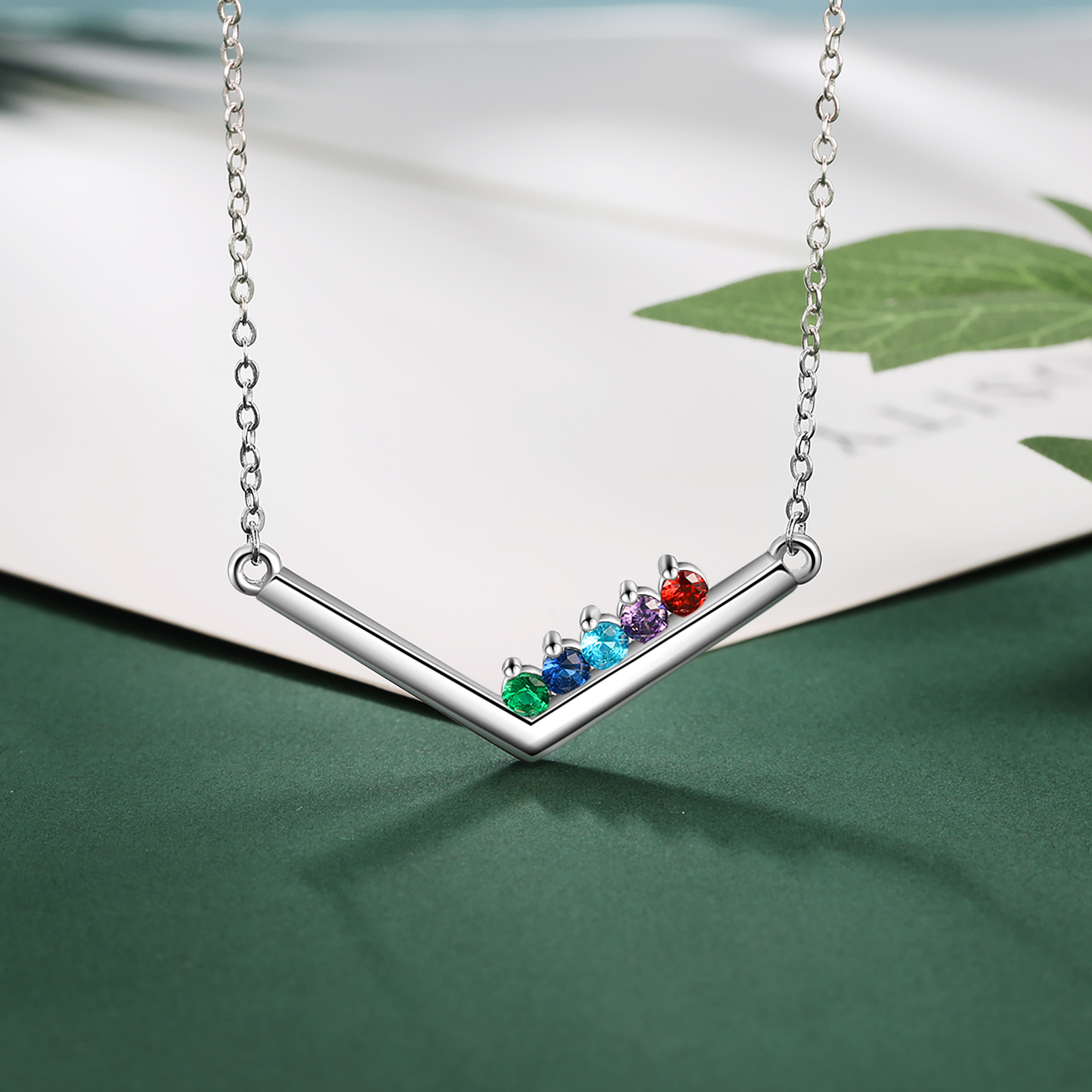 V Shape Necklace with Family Birthstone Personalised 5 Stones Family Necklace For Her-Jessemade AU