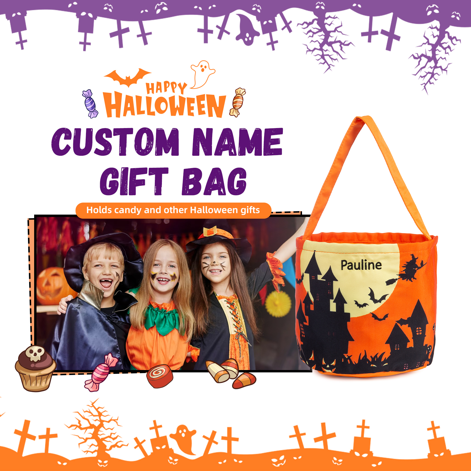 Halloween Luminous Tote Bag Engraved 1 Name Tote Bag Candy Gift Bag-Jessemade AU