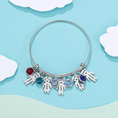 Women Bangle Bracelet with Kids Charms 5 Birthstones Engraved 5 Names Rose Box Set-Jessemade AU