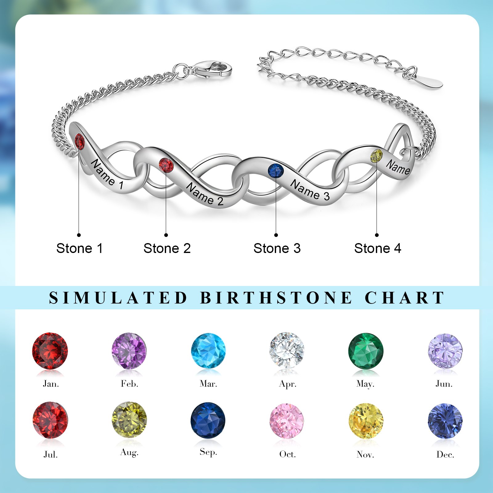 Personalised Infinity Bracelet Custom 4 Birthstones & 4 Names Bracelet Birthday Gift for Her-Jessemade AU