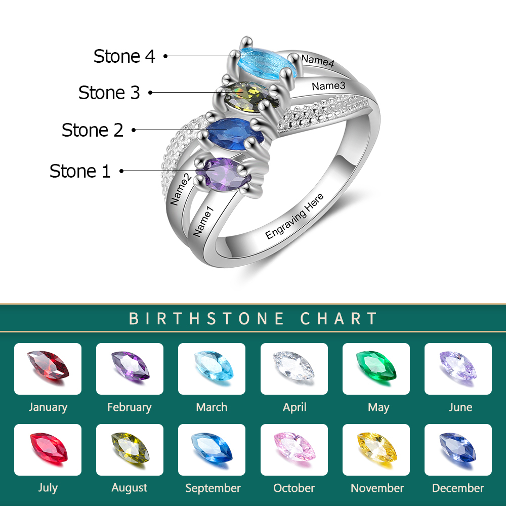 Mother's Day Family Ring Personalised 4 Birthstones Ring With Names Gifts for Her-Jessemade AU