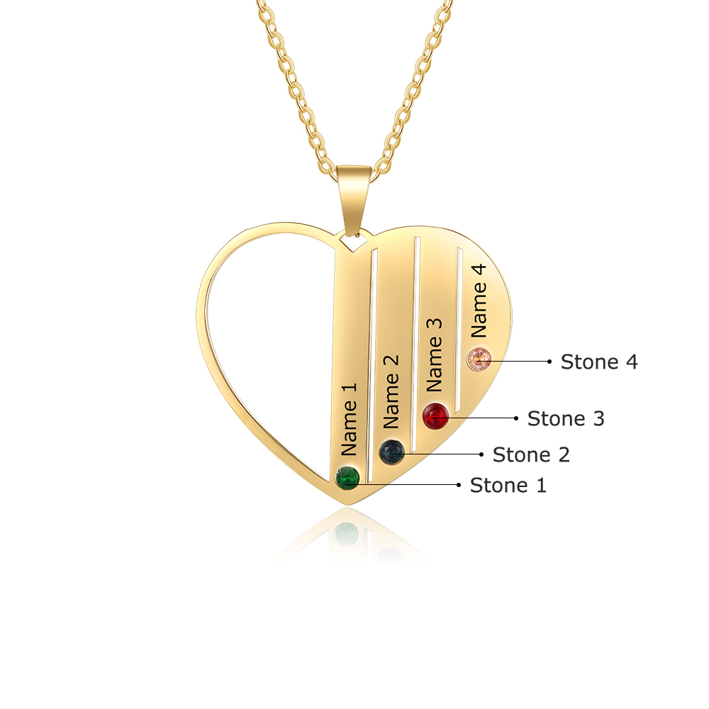 Personalised Heart Necklace With 4 Birthstones Engraved Names Gift For Her-Jessemade AU