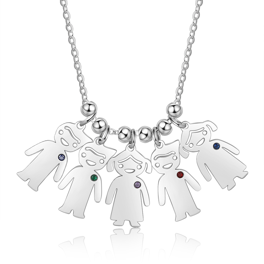 Personalised Kids Charm Necklace With 5 Birthstones Engraved Names Gift For Mother-Jessemade AU