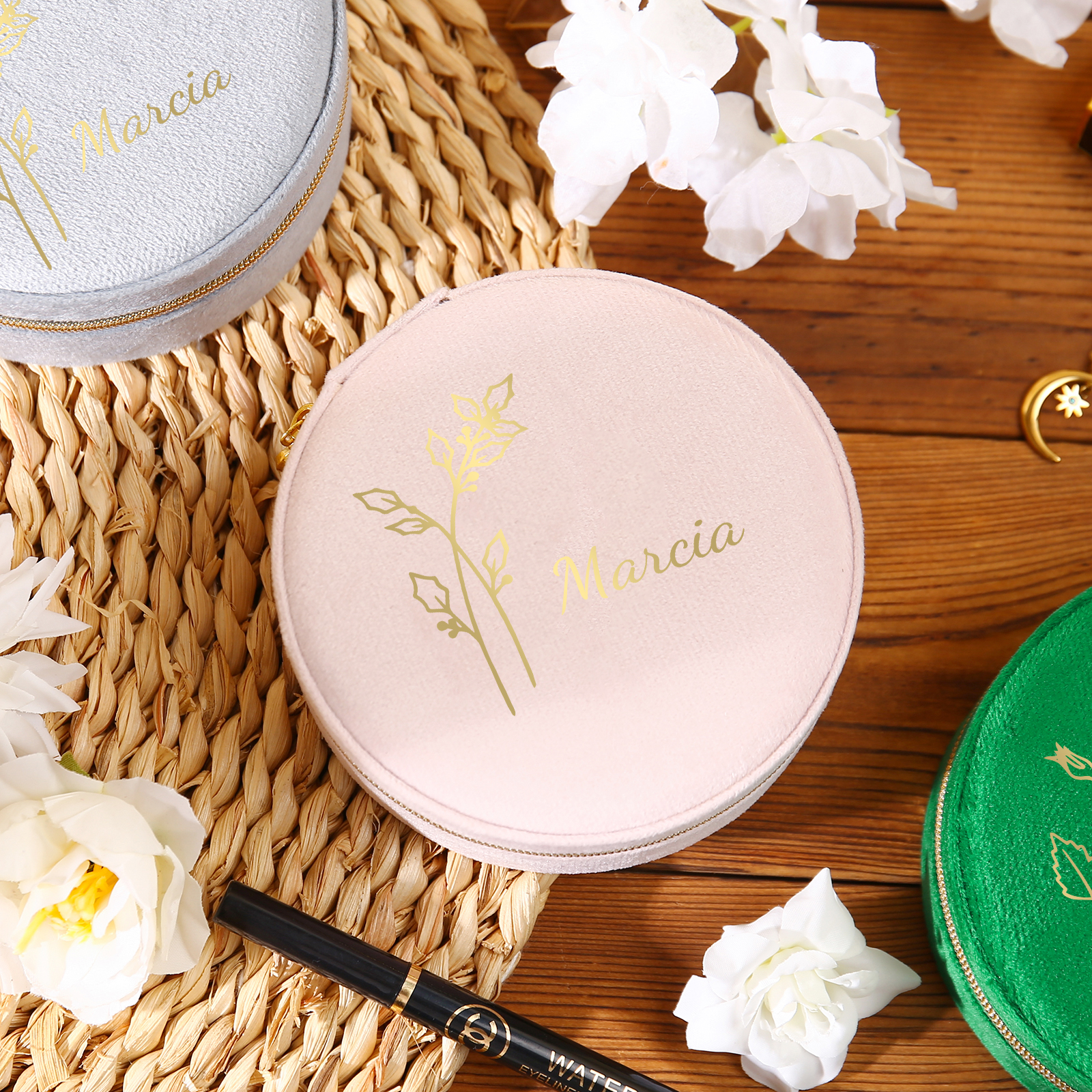 Personalised Name Jewelry Storage Box Custom Birth Flower Travel Jewelry Box Circle Box Gifts for Her-Jessemade AU