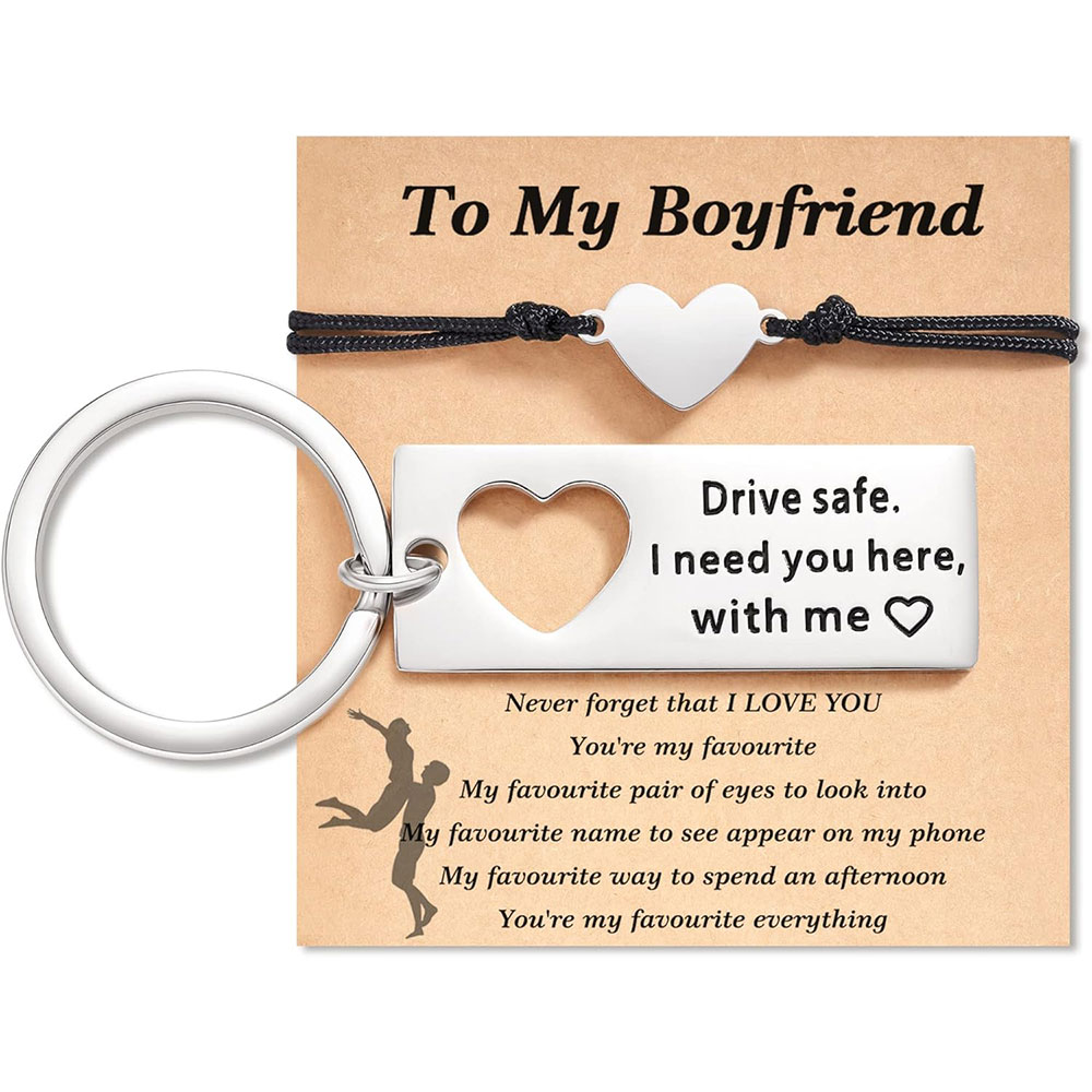 To My Boyfriend Matching Keychain Bracelet Set Heart Keychain Adjustable Bracelet Gifts for Couple - Drive Safe I Need You Here With Me-Jessemade AU