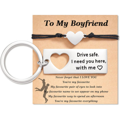 To My Boyfriend Matching Keychain Bracelet Set Heart Keychain Adjustable Bracelet Gifts for Couple - Drive Safe I Need You Here With Me-Jessemade AU