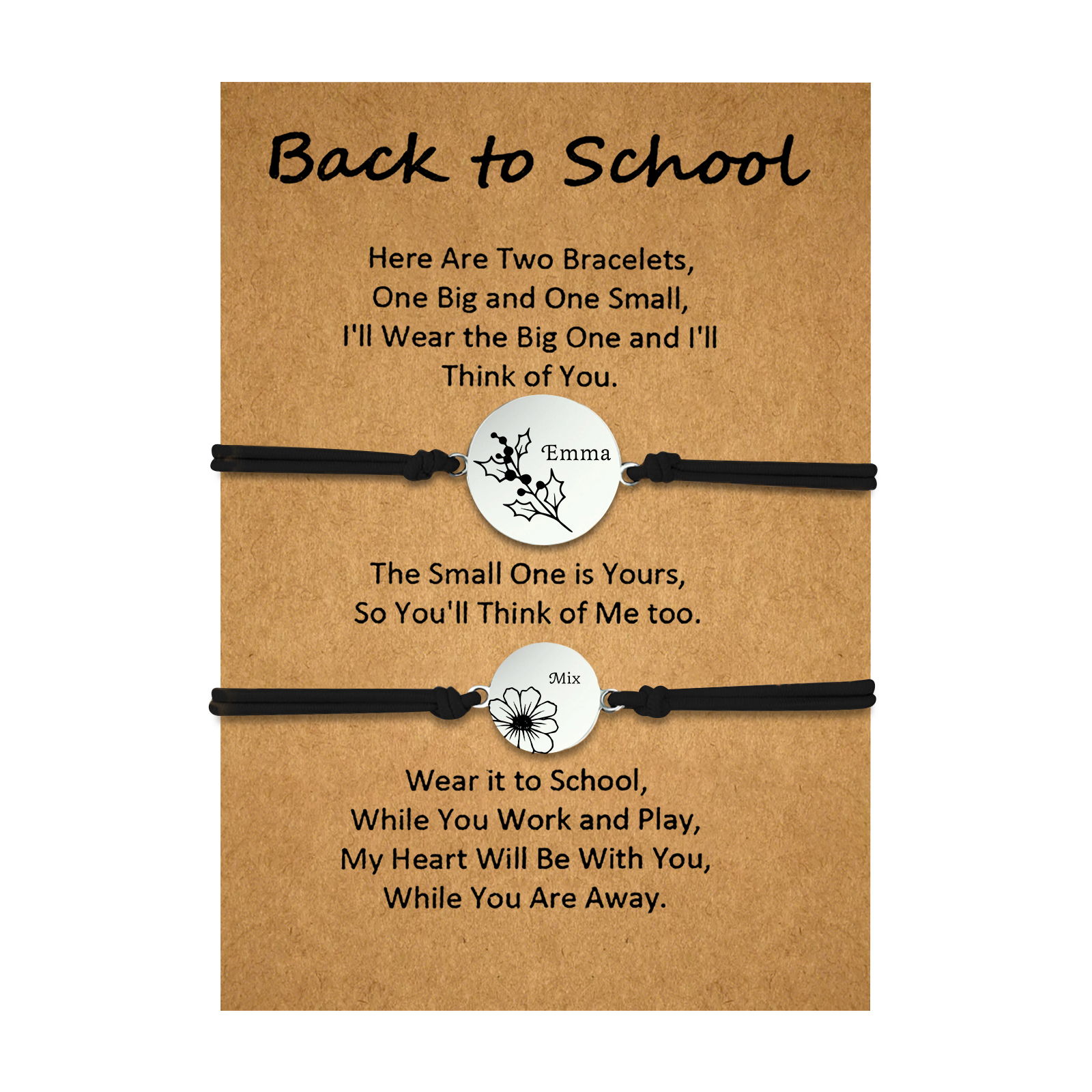 2 Pcs Bracelet Set Personalised Names & Birth Flowers Adjustable Bracelets with Message Card Back to School Gifts for Daughters-Jessemade AU