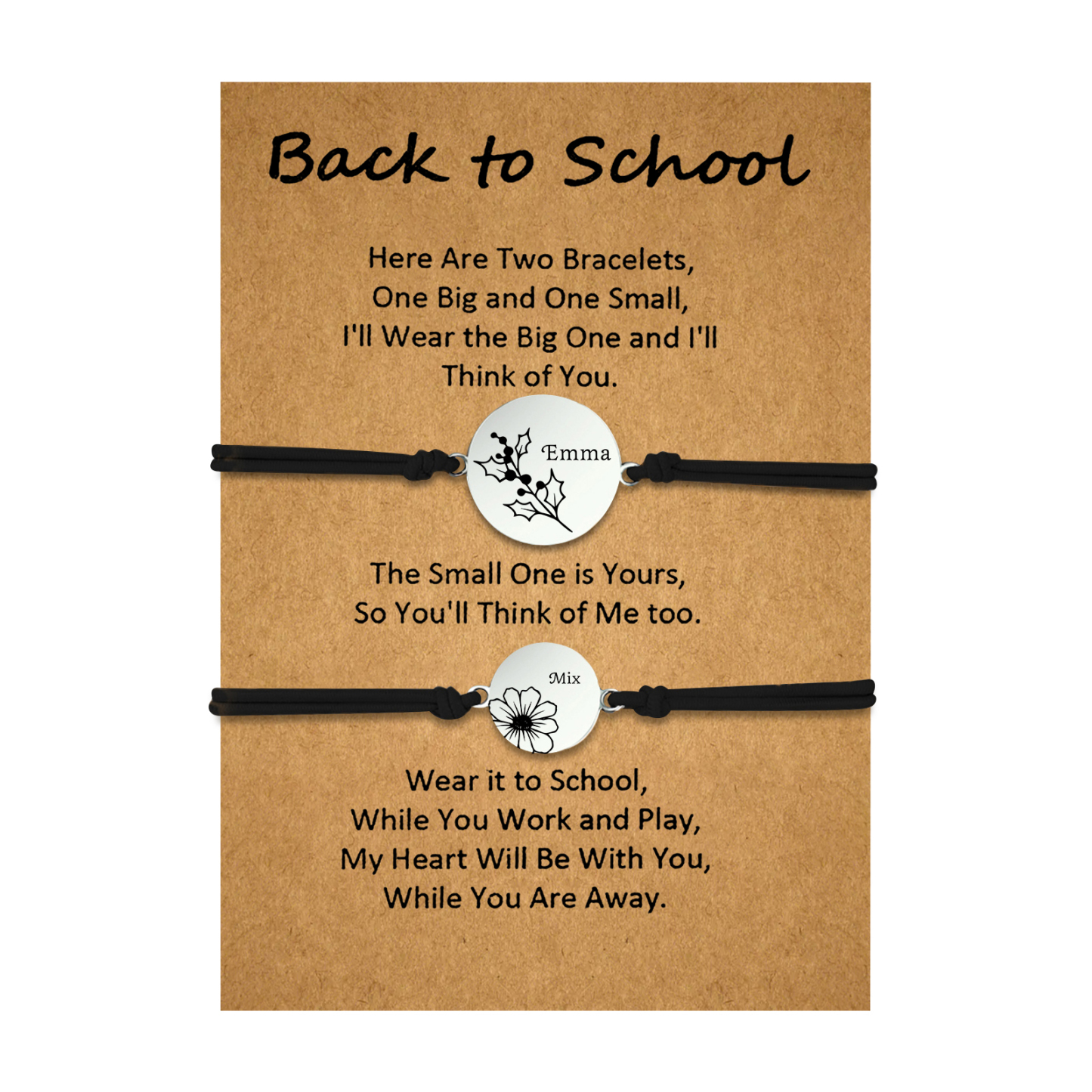 2 Pcs Bracelet Set Personalised Names & Birth Flowers Adjustable Bracelets with Message Card Back to School Gifts for Daughters-Jessemade AU