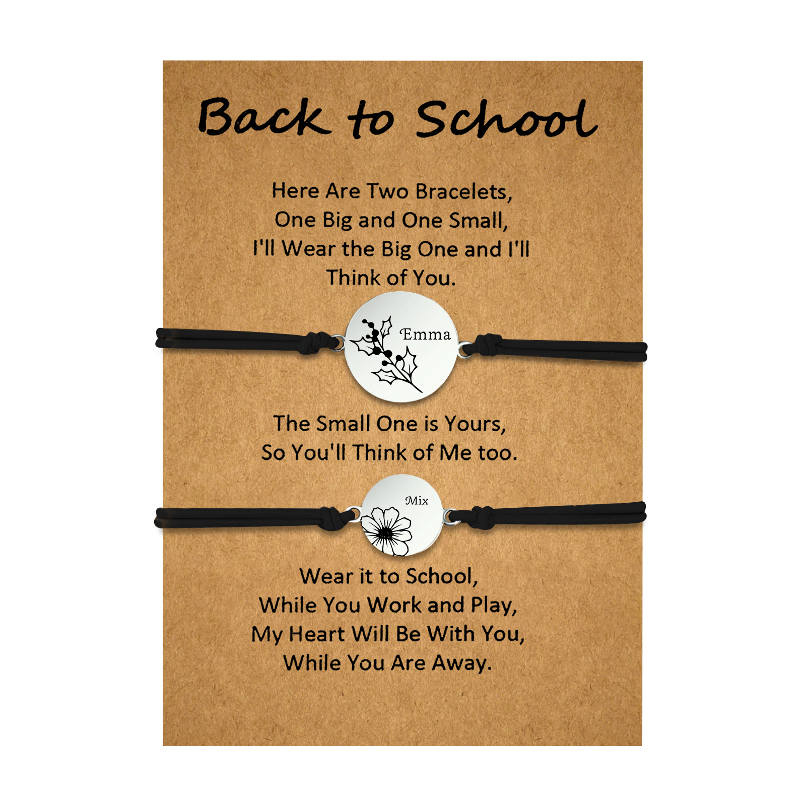 2 Pcs Bracelet Set Personalised Names & Birth Flowers Adjustable Bracelets with Message Card Back to School Gifts for Daughters-Jessemade AU