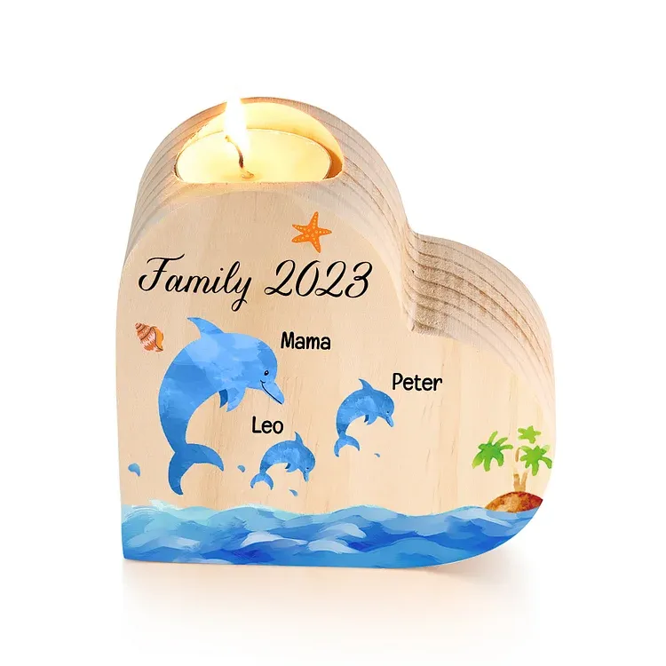 Family Dolphin Heart Candle Holder Personalised Wooden Candlestick Custom 3 Names-Jessemade AU
