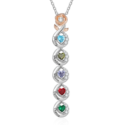 Custom Family Necklace Personalised 5 Birthstones & Names with Rose Pendant Gifts for Her-Jessemade AU