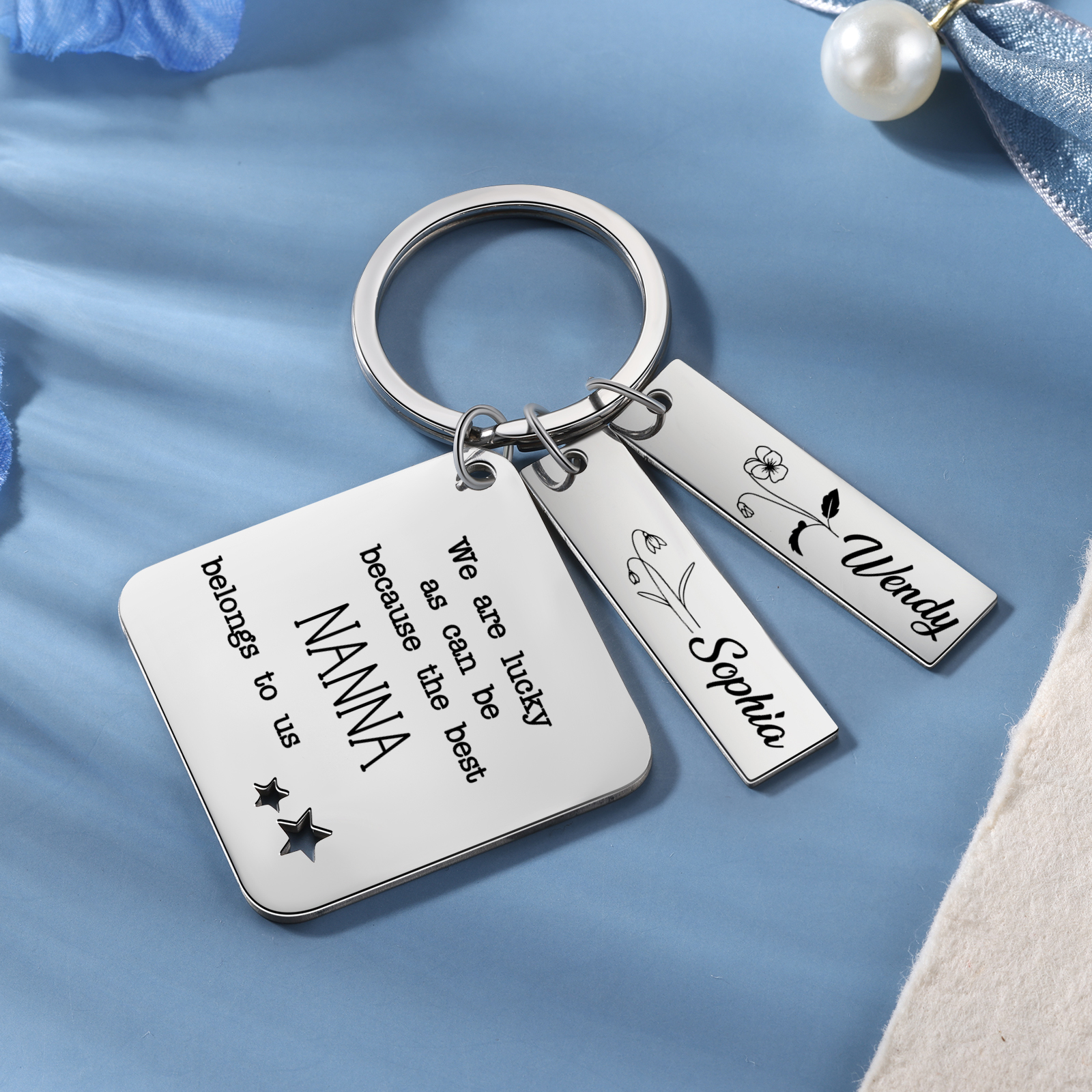 Personalised 2 Names & 2 Birth Flowers Keychain Custom Text Family Keychain Gifts for Mother/Grandma-Jessemade AU