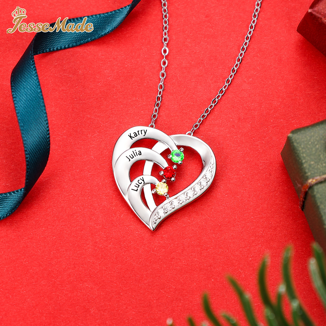 Personalised Mother Necklace 4 Stones Engraved 4 Names Birthstone Family Heart Pendant Gifts for Her-Jessemade AU
