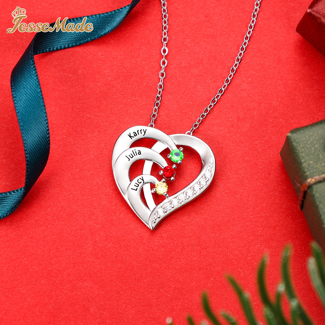 Personalised Mother Necklace 2 Stones Engraved 2 Names Birthstone Intertwined Heart Pendant Gifts for Her-Jessemade AU