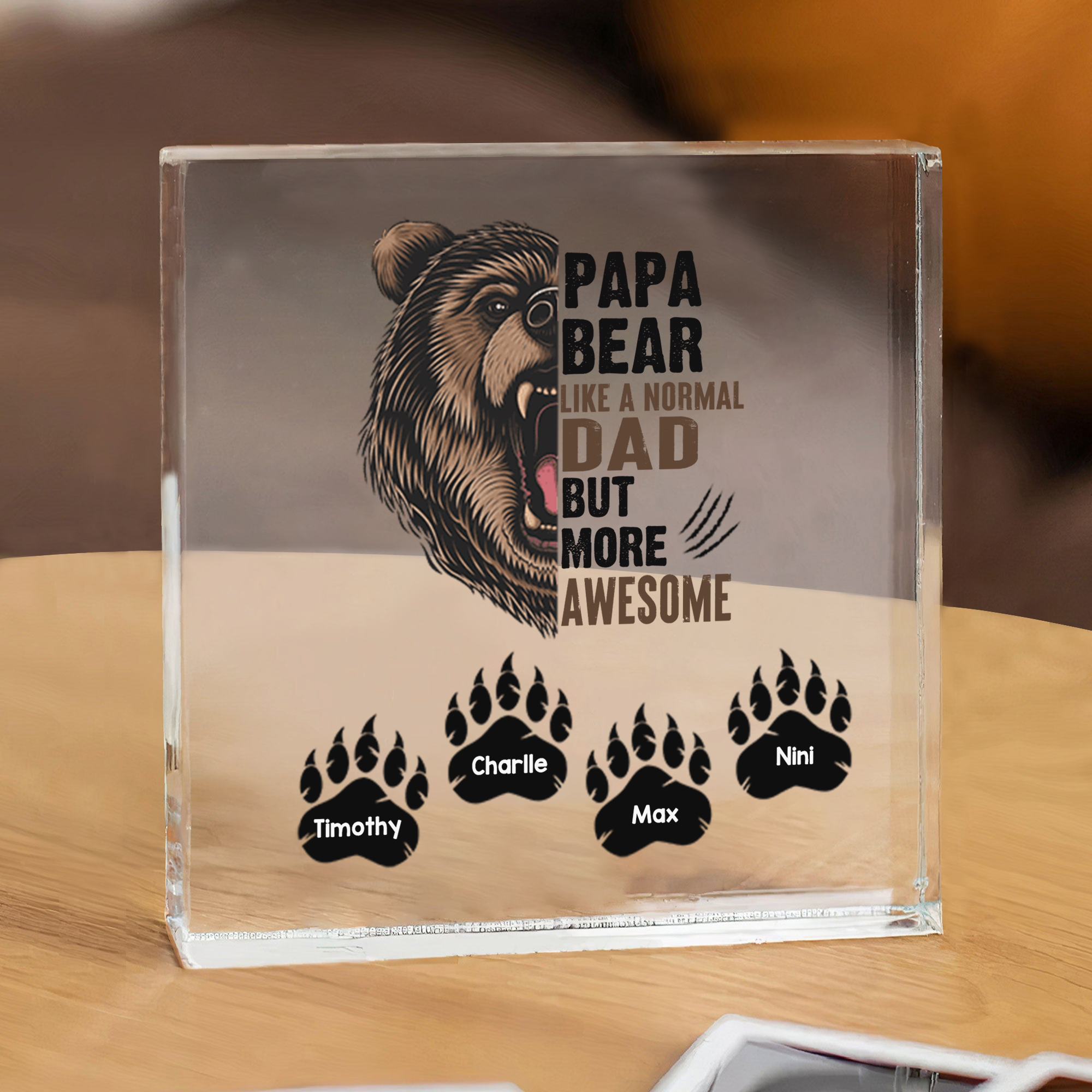 Personalised 4 Names Acrylic Square Keepsake Rectangle Plaque Father's Day Gifts - Papa Bear, Like Normal Dad But More Awesome-Jessemade AU
