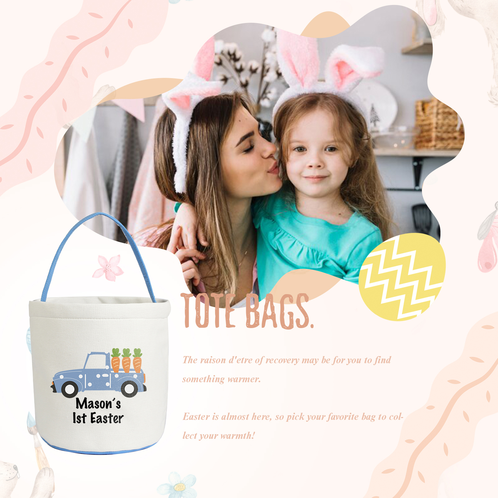 Easter Bunny Tote Bag Personalised Text Bucket Bag White Basket Gifts For Kids-Jessemade AU