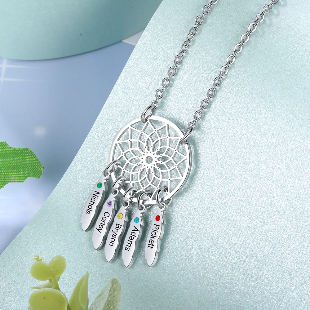 Personalised Dream Catcher Necklace With 5 Birthstones Engraved Names Gift For Women-Jessemade AU