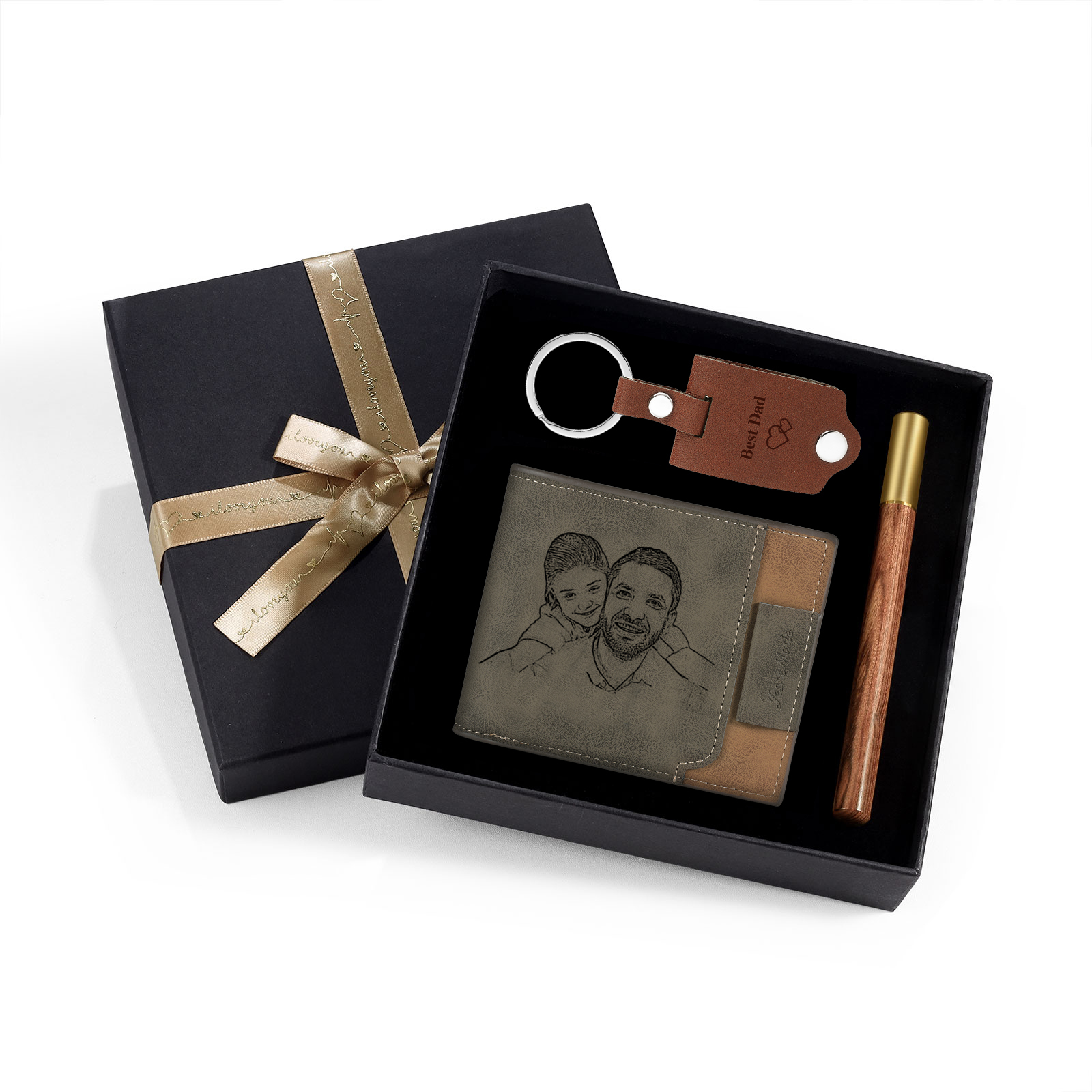 Personalised 2 Texts & 2 Photos & 1 Name & 1 Letter Gift Box Set Custom Wallet & Keychain & Pen Gift Set Gift for Father/Grandpa-Jessemade AU