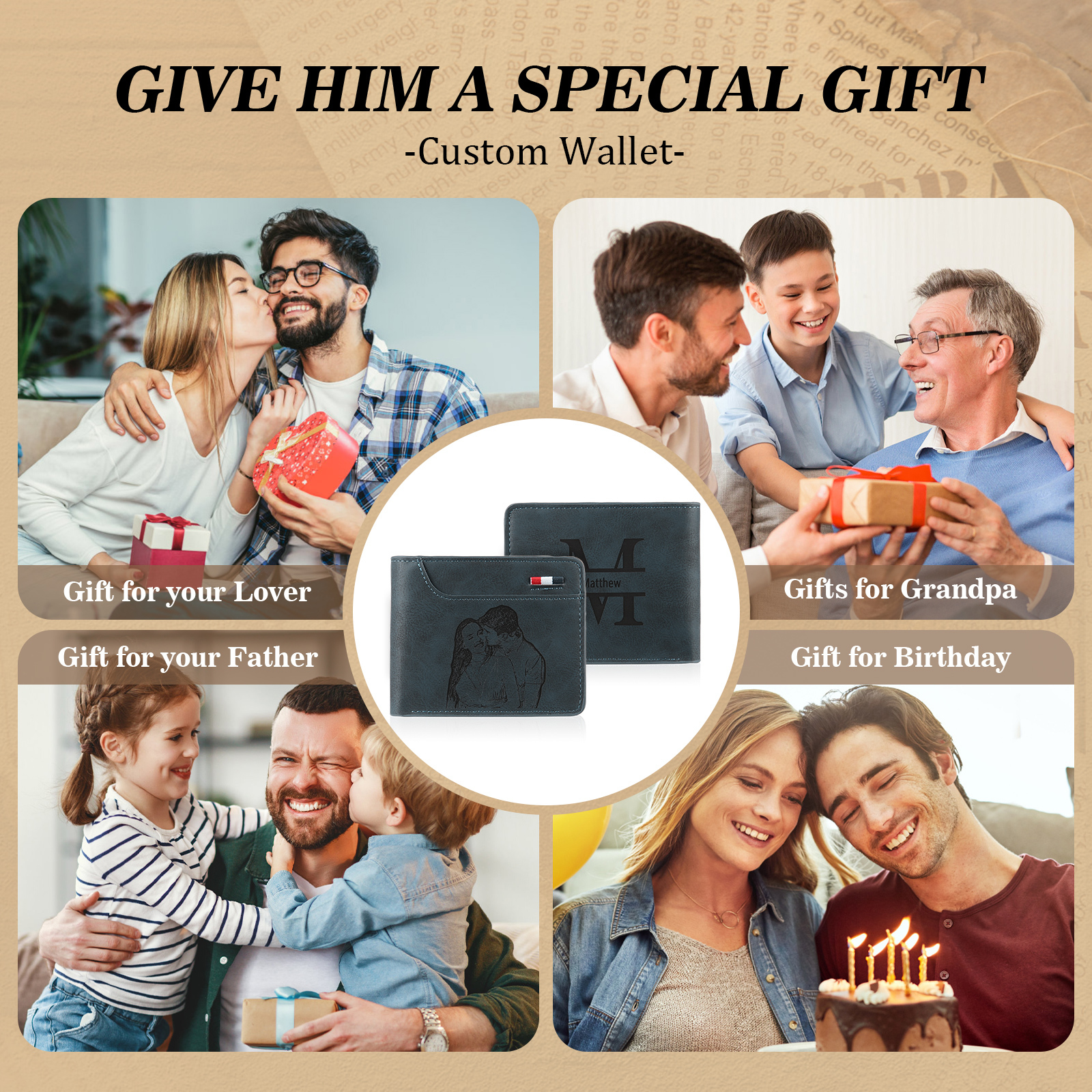 Personalised Monogram Leather Wallet Custom Photo & Name & Letter Wallet Father's Day Gift for Men-Jessemade AU