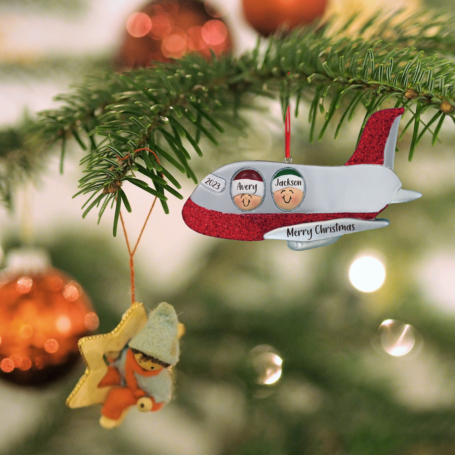 2 Names - Personalised Christmas Ornaments Custom Text & Year Wooden Airplane Christmas Decor Gifts for Family Friends-Jessemade AU