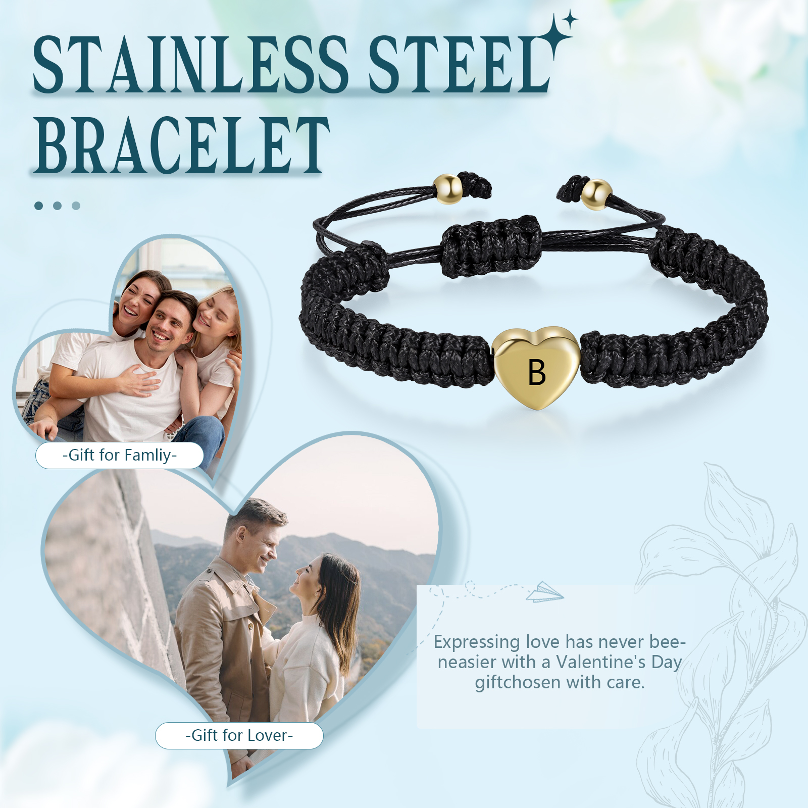 Black Braided Bracelet Customised Letter Bracelet Stainless Steel Adjustable Bracelet Personalised Gift for Her/him-Jessemade AU