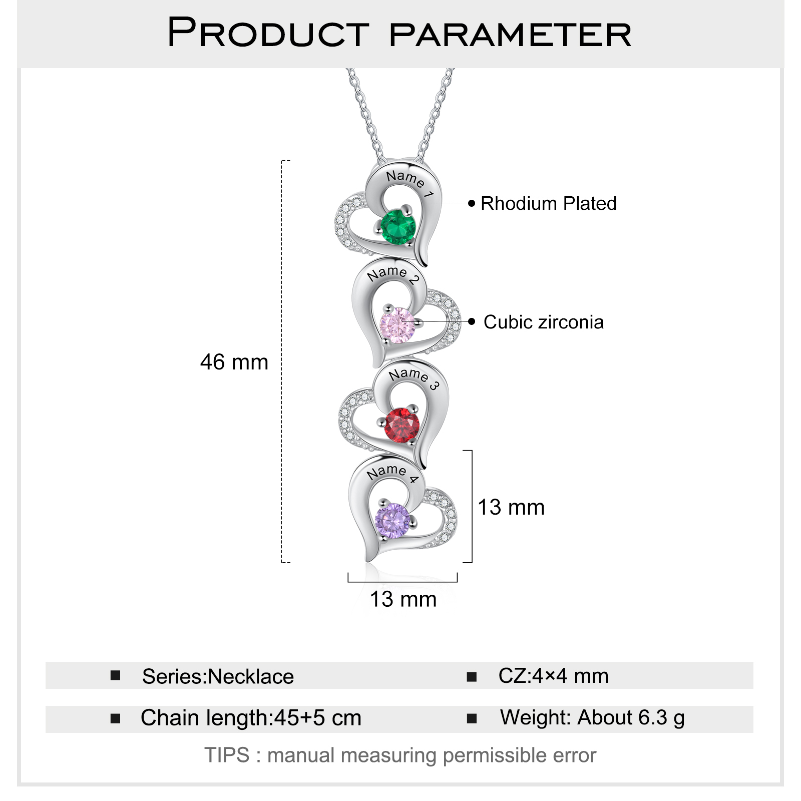 Personalised Heart Necklace With 4 Birthstones Engraved Names Gift For Her-Jessemade AU
