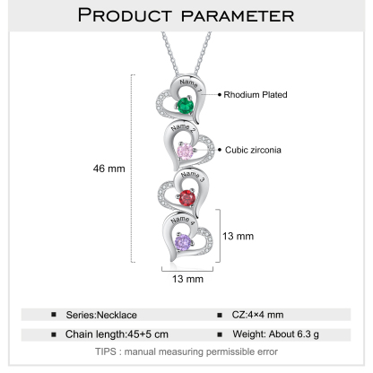 Personalised Heart Necklace With 4 Birthstones Engraved Names Gift For Her-Jessemade AU