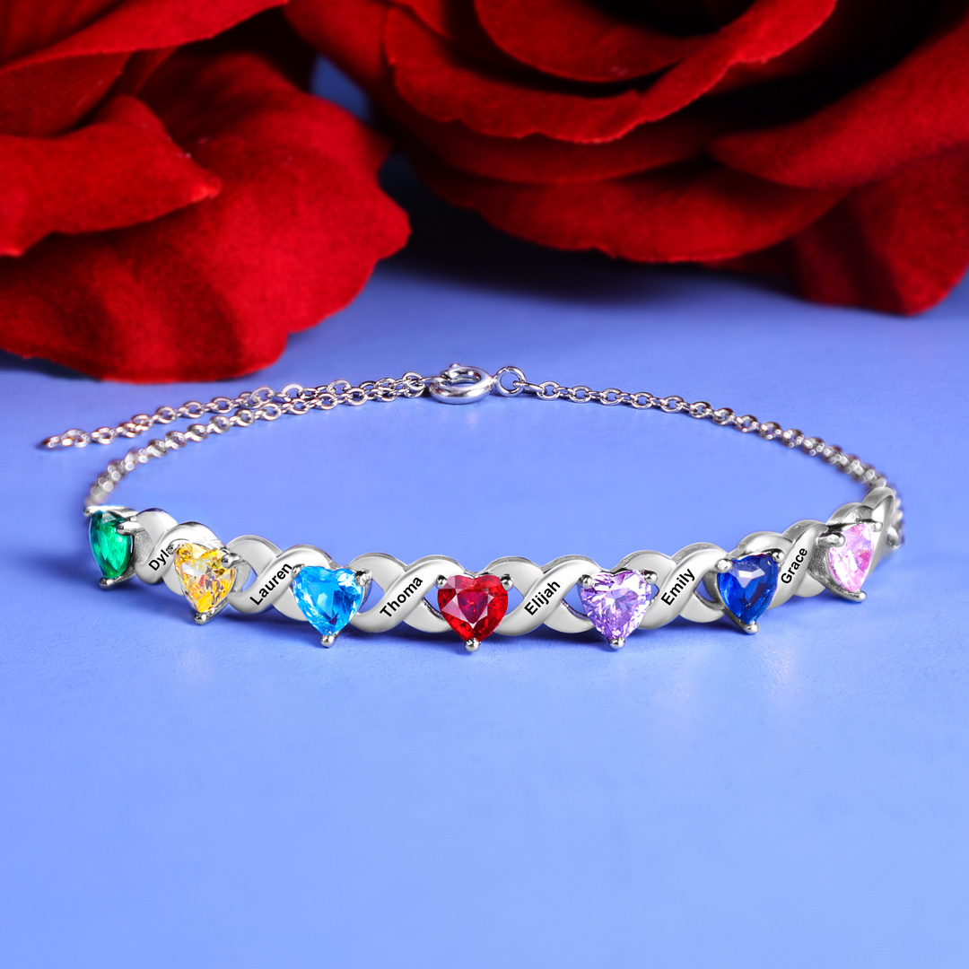 Personalised Bracelet With 6 Heart Birthstones Engraved Names Bracelet Gift For Women-Jessemade AU
