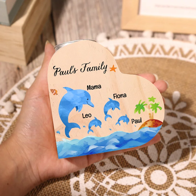 Family Dolphin Heart Candle Holder Personalised Wooden Candlestick Custom 4 Names-Jessemade AU