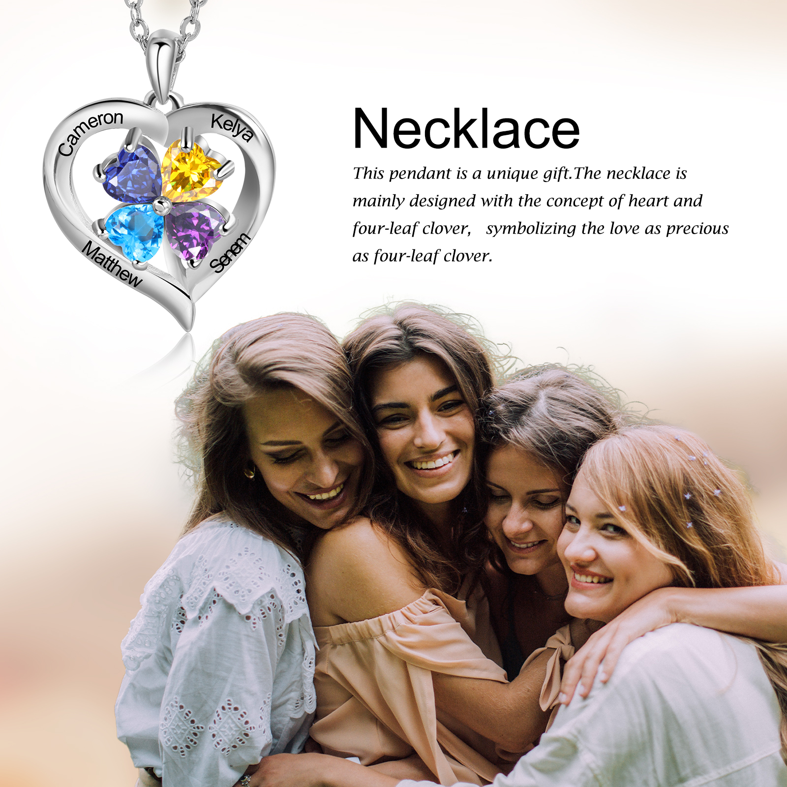 Personalised Heart Necklace with 4 Birthstones Engrave Names Family Necklace for Mom-Jessemade AU